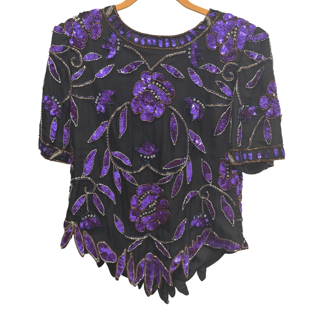 Laurence Kazar Vintage 90s Silk Beaded Sequin Floral Top Black Purple Large